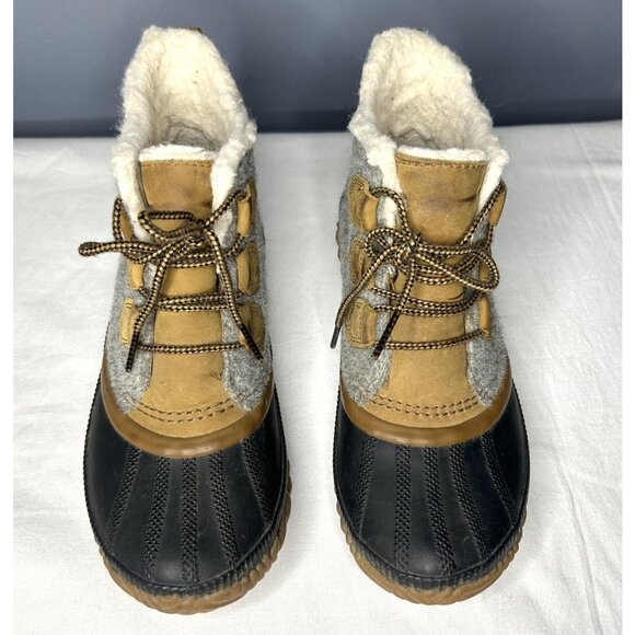 Sorel Out N About Boots Womens 8.5 Gray Tan Waterproof Duck Boot Faux Fur Sherpa - Picture 2 of 16